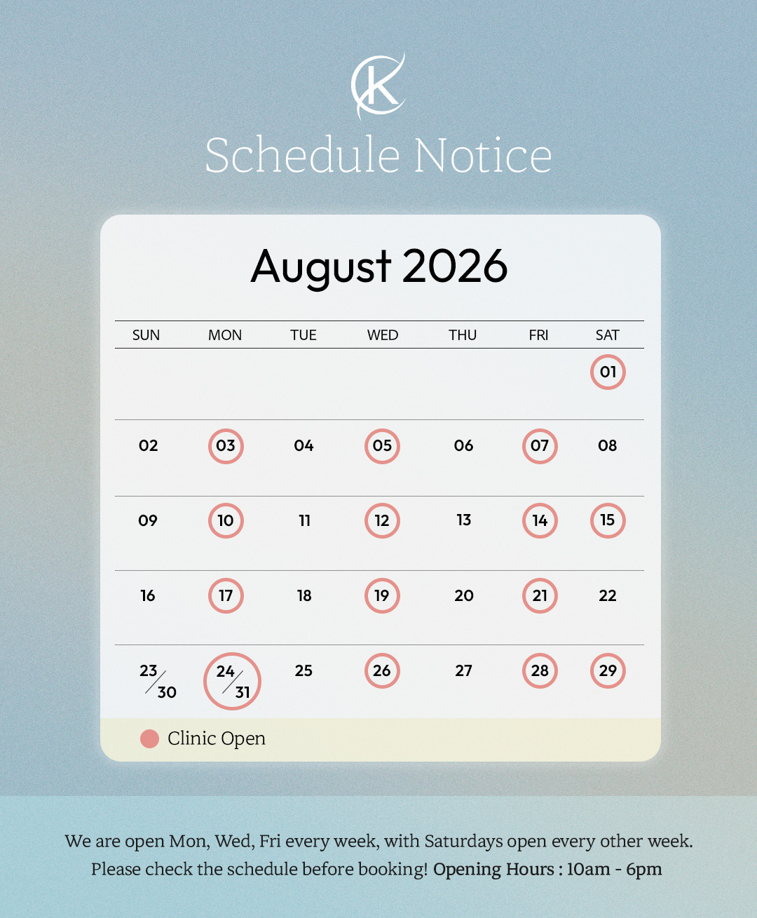August 2026 Schedule